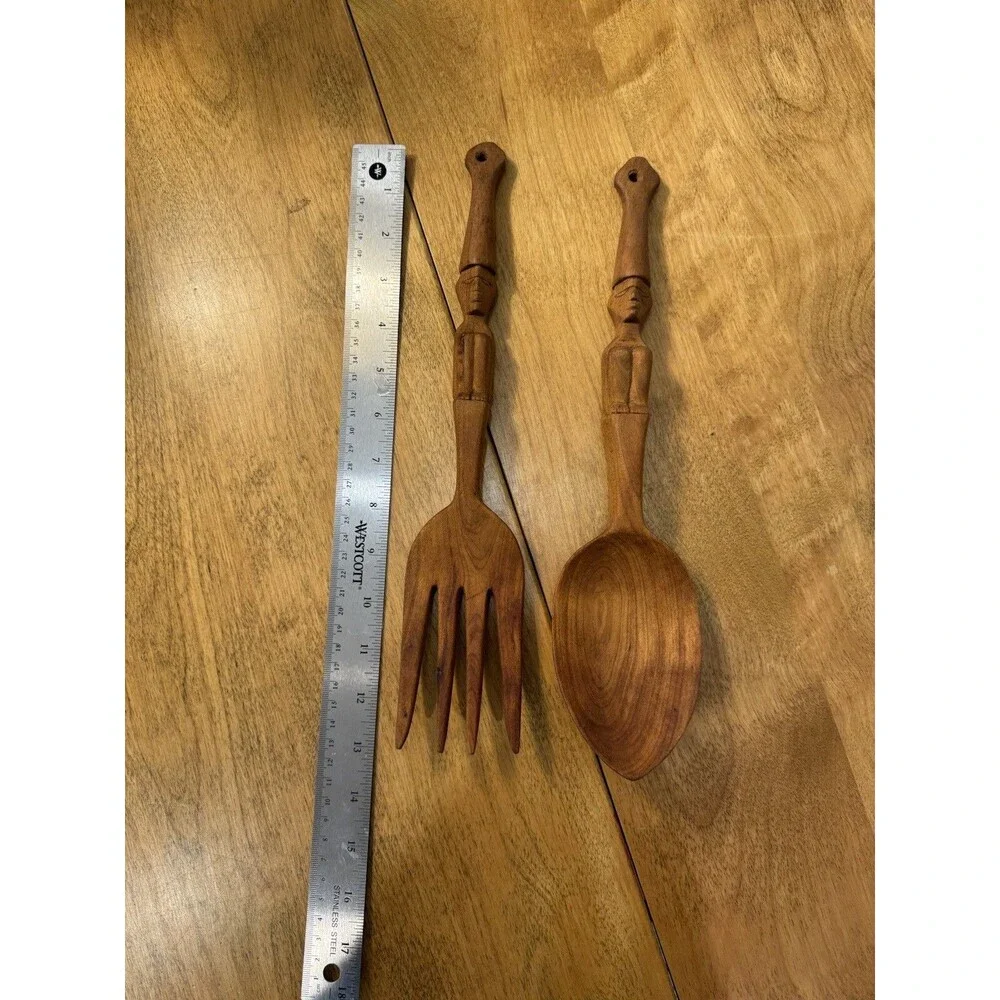 Vitnage Hand Carved Wooden Serving Salad Spoon and Fork Totem Sitter